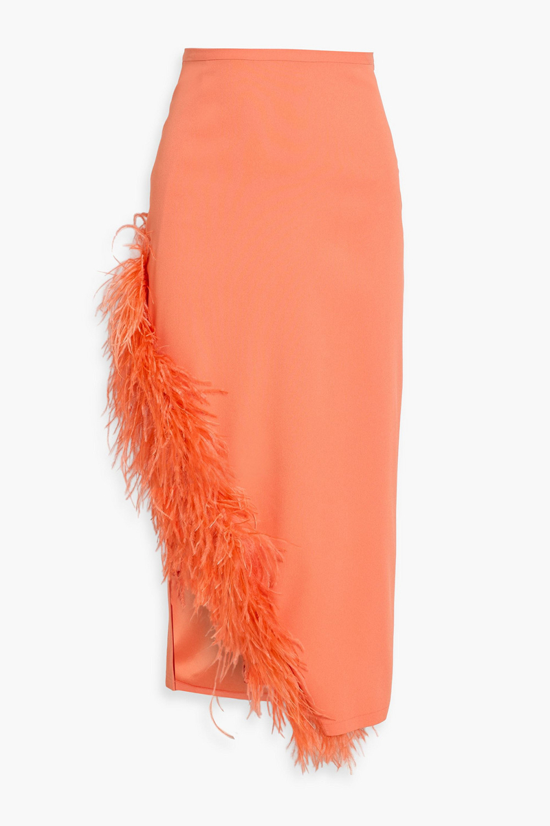 lapointe - feather-trimmed crepe midi skirt - orange - us 4