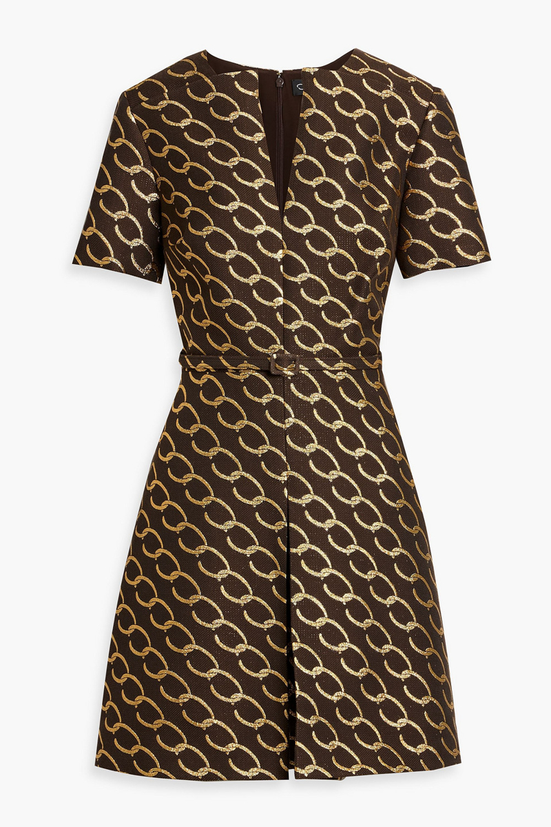 oscar de la renta - belted metallic jacquard mini dress - brown - us 8