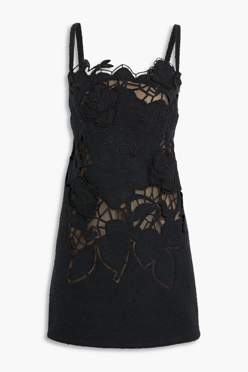 oscar de la renta - guipure lace-paneled cotton-blend tweed mini dress - black - us 00