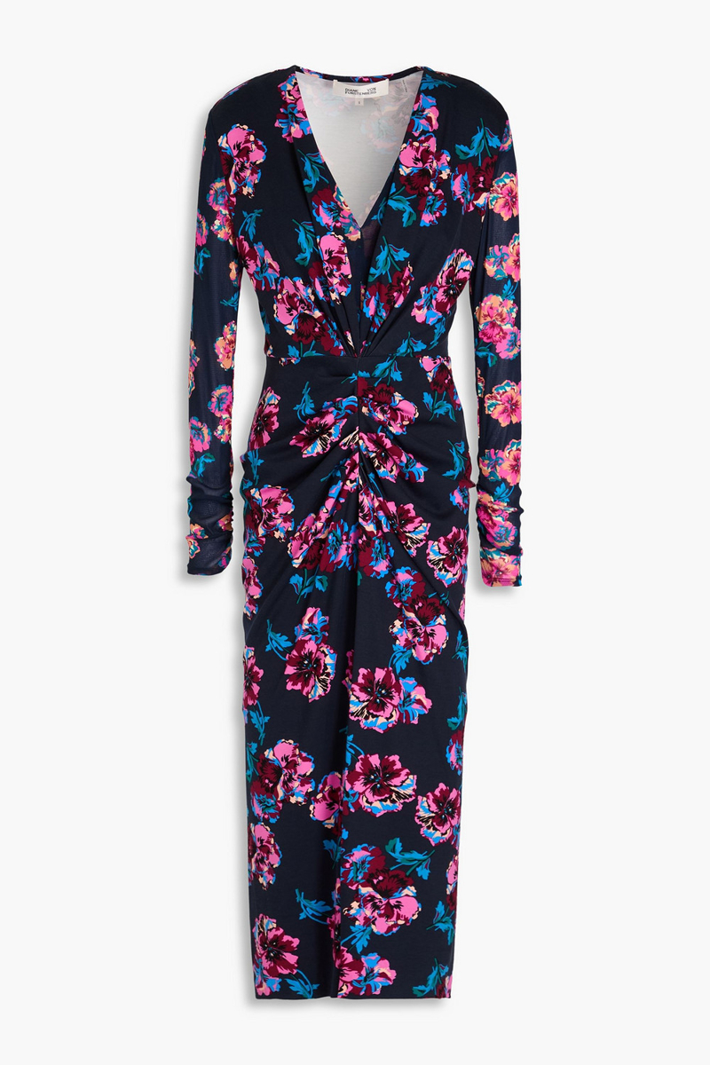 diane von furstenberg - hades mesh-trimmed floral-print jersey midi dress - blue - xl