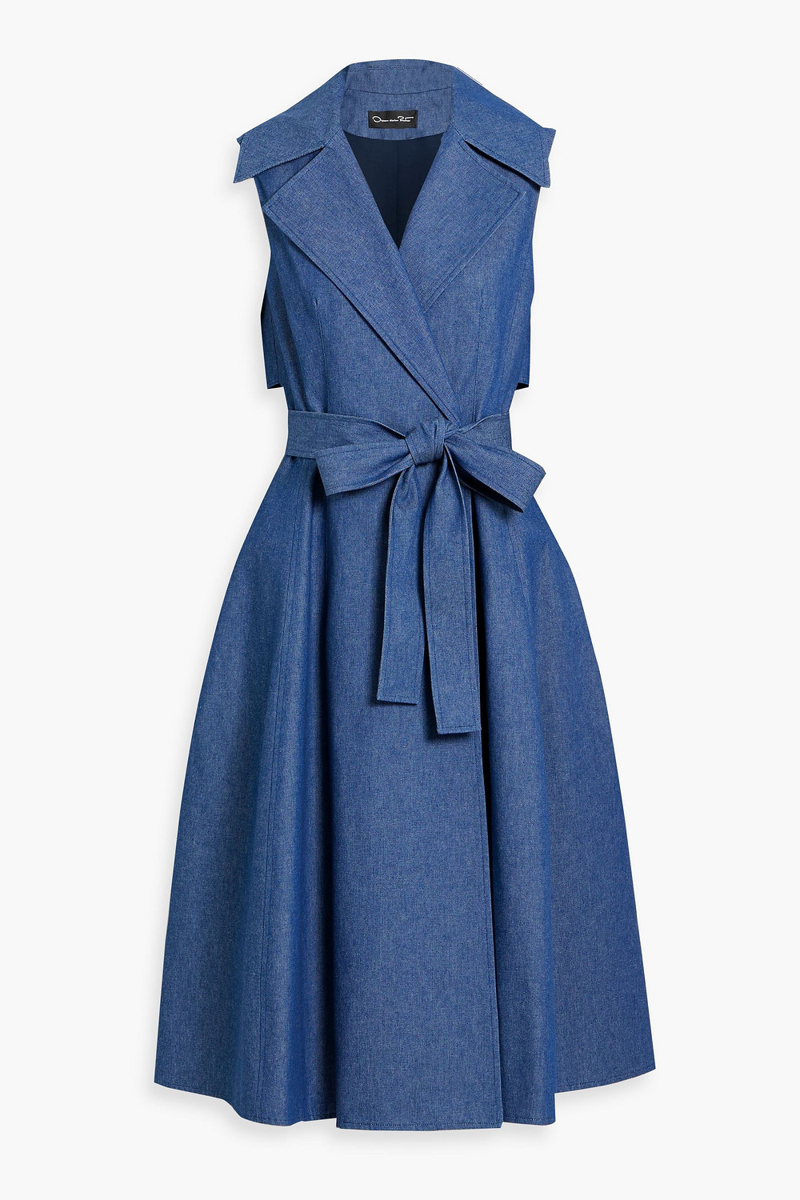 Oscar de la Renta - Belted wrap-effect denim midi dress - Blue - US 16