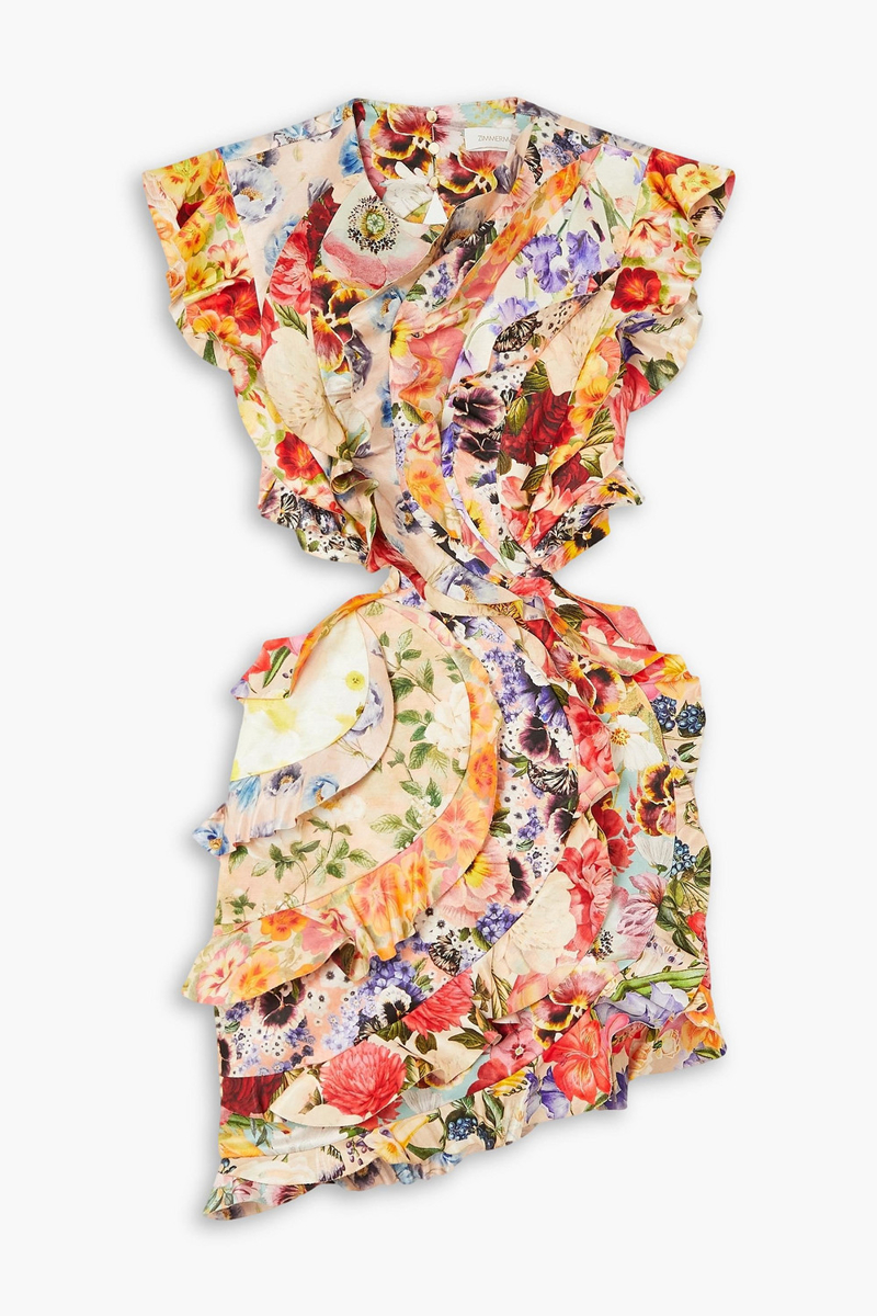 Zimmermann - Open-back ruffled floral-print linen and silk-blend mini dress - Red - 0