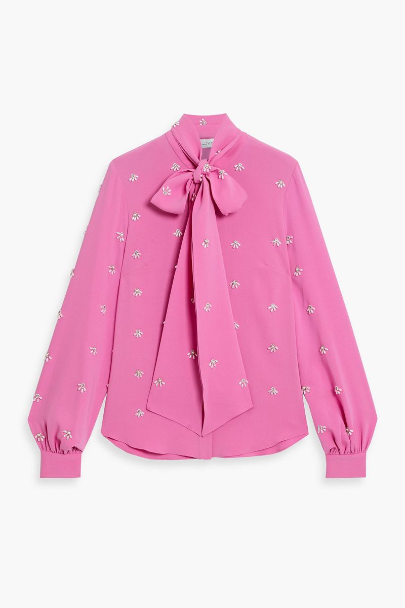 oscar de la renta - pussy-bow embellished stretch-silk crepe blouse - pink - us 0