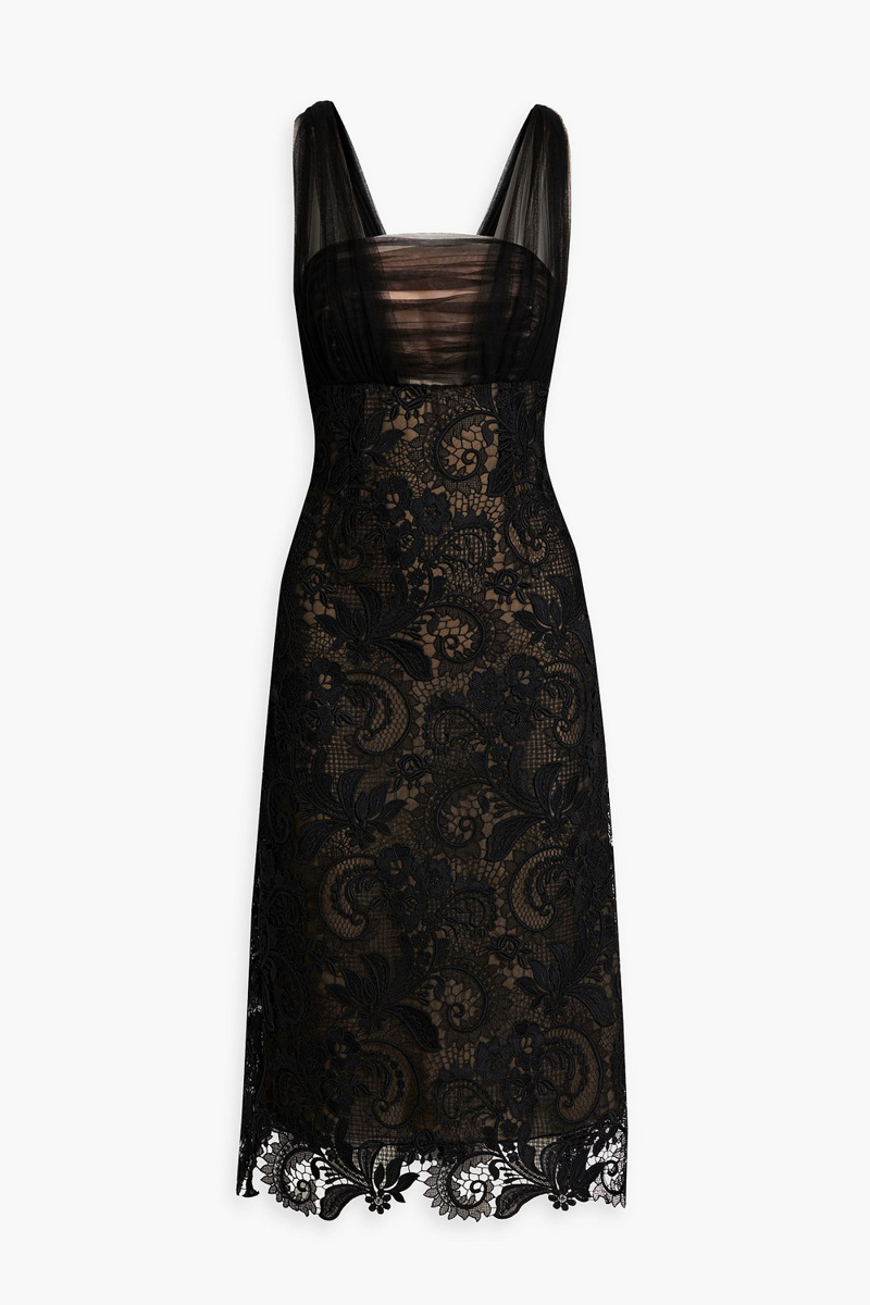 Oscar de la Renta - Tulle-paneled corded lace midi dress - Black - US 0