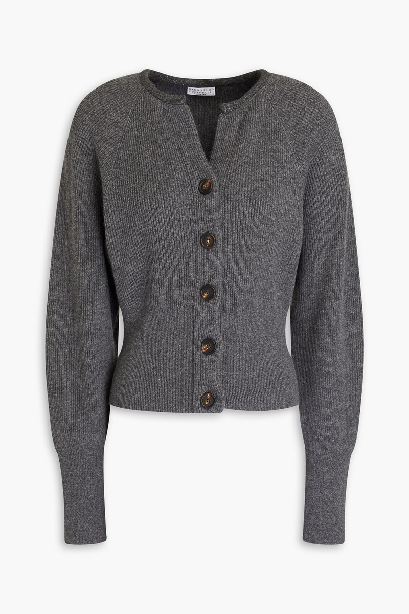 brunello cucinelli - bead-embellished ribbed cashmere cardigan - gray - xs