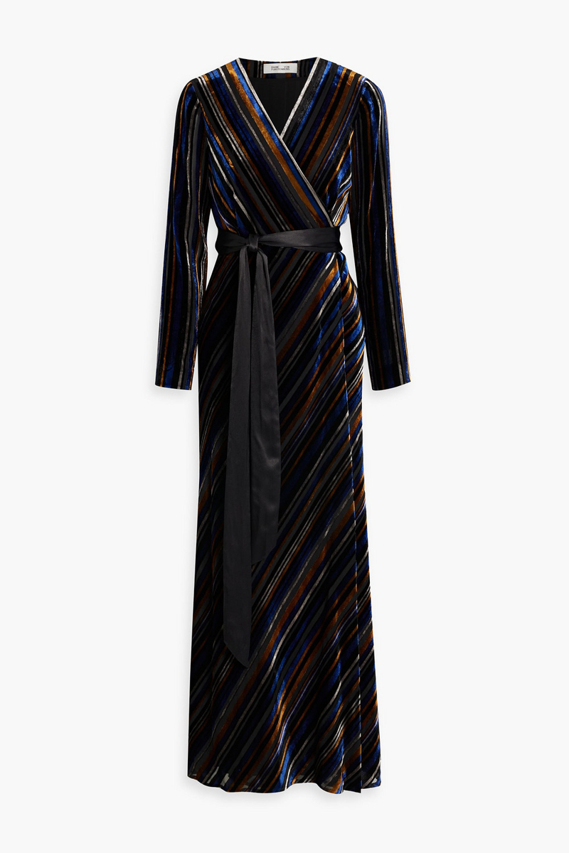 Diane von Furstenberg - Jareth striped devoré-velvet maxi wrap dress - Black - US 00