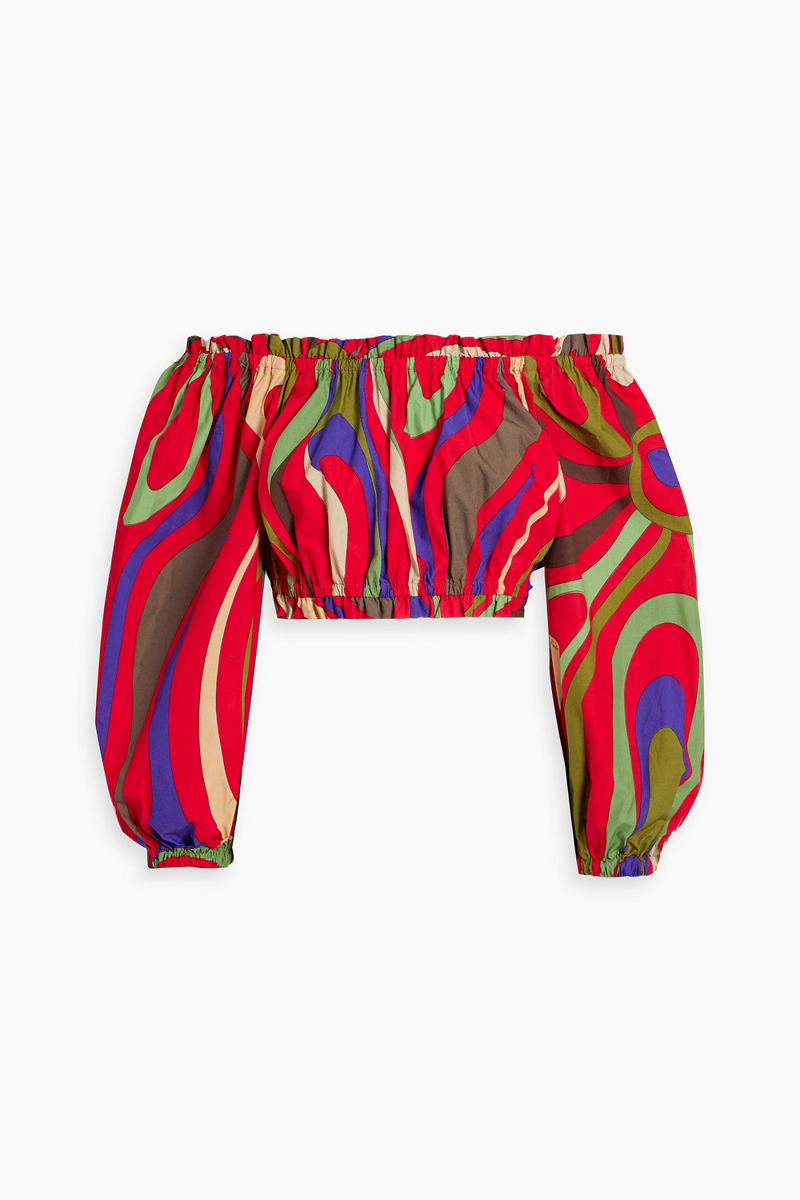 pucci - off-the-shoulder cropped printed cotton-poplin top - red - it 44