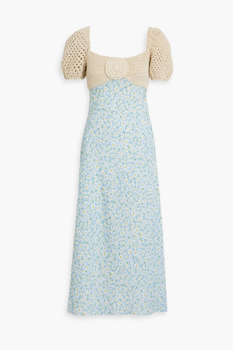 RIXO - Sardinia crochet-paneled floral-print linen-blend midi dress - Blue - UK 14