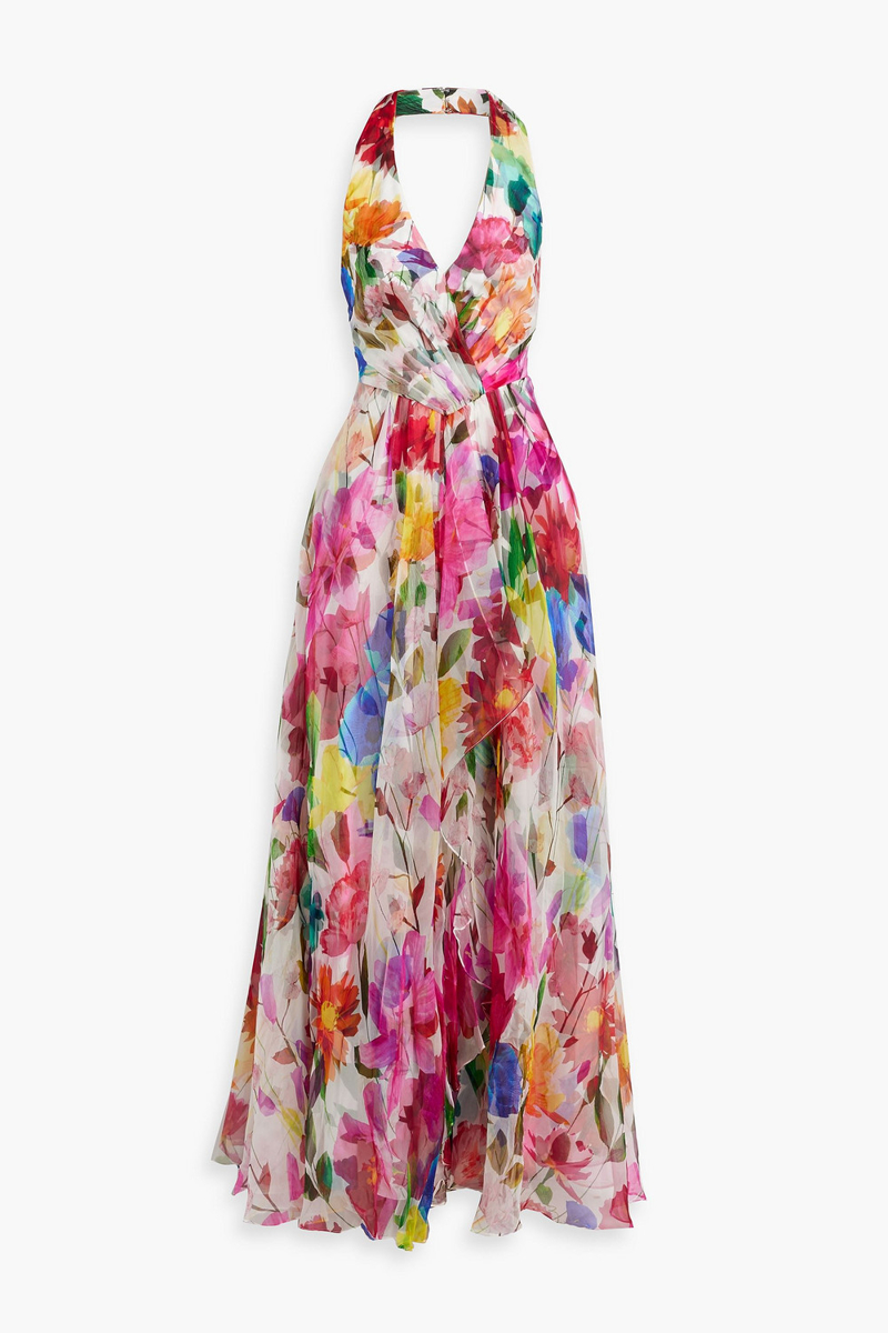 badgley mischka - floral-print silk-organza halterneck gown - pink - us 6