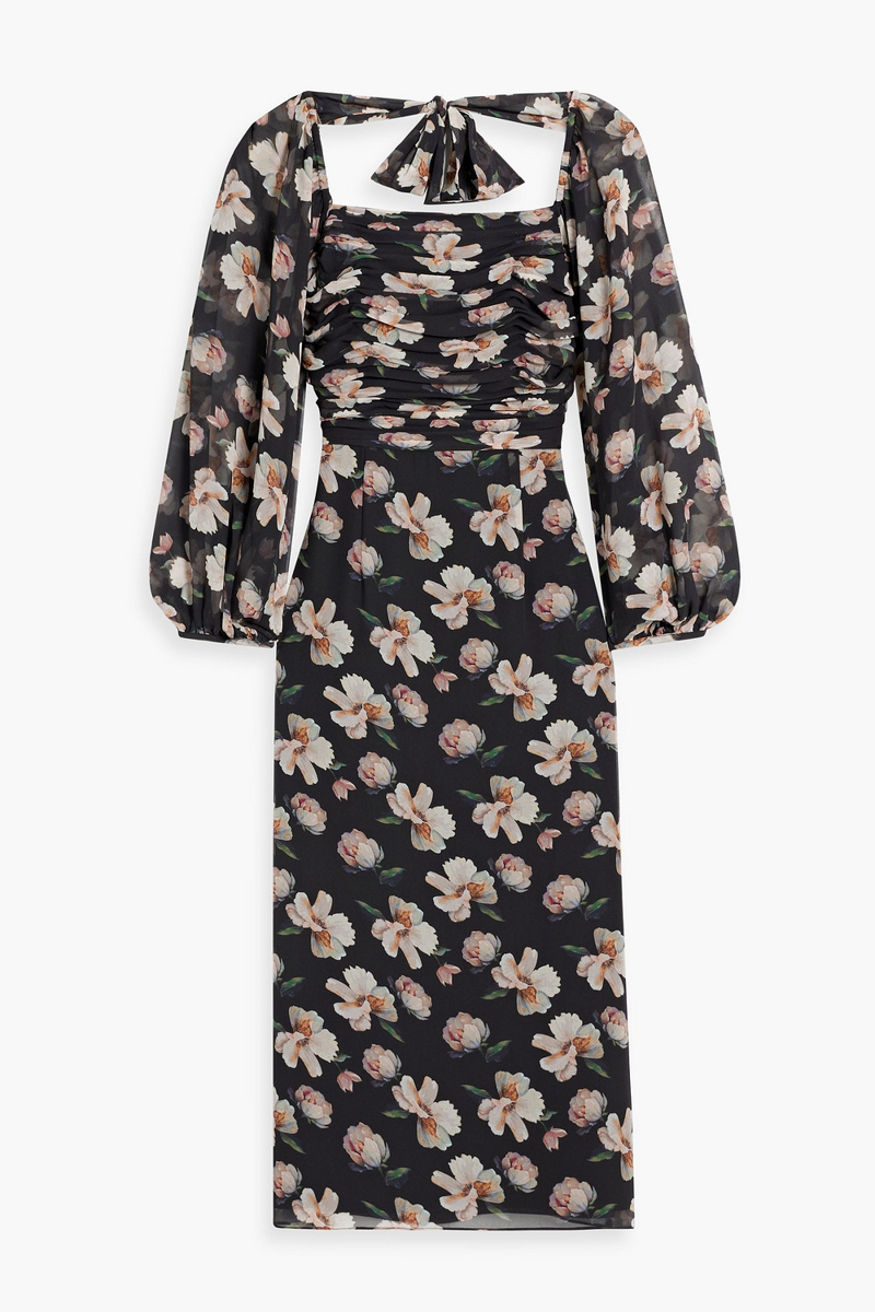 mikael aghal - ruched floral-print chiffon midi dress - black - us 2