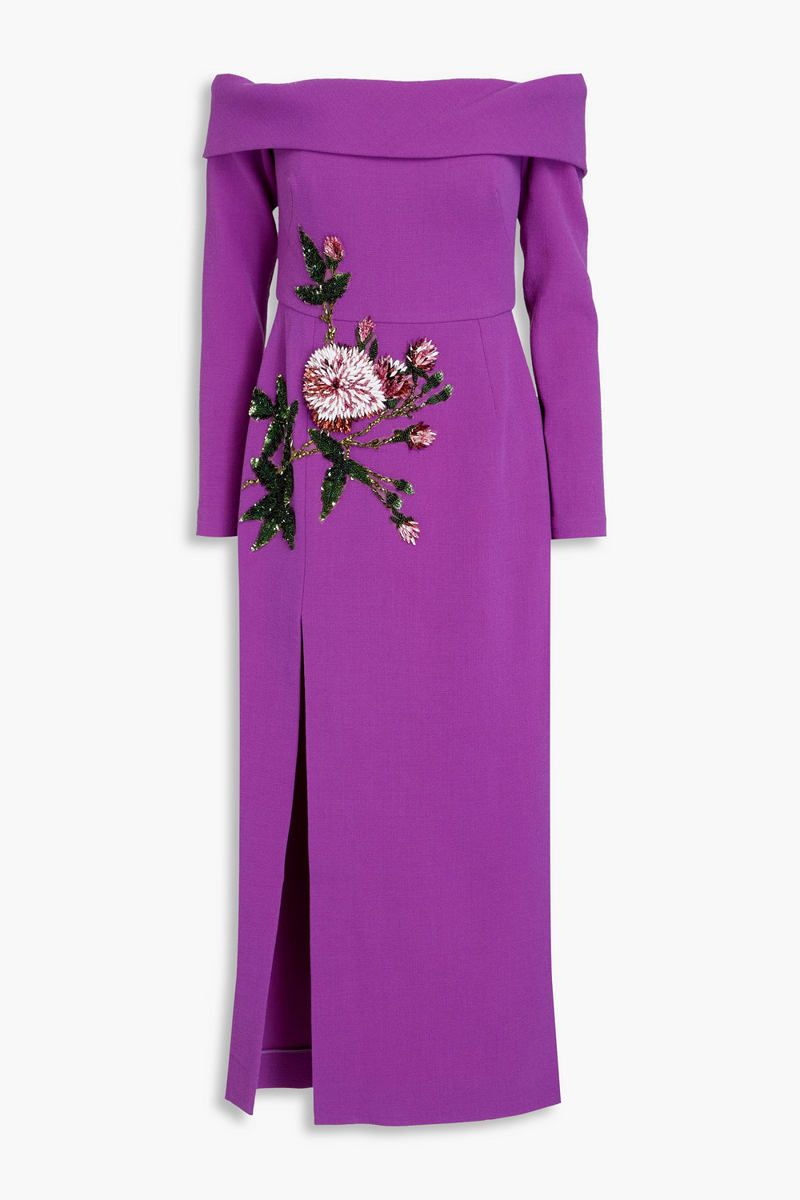 Oscar de la Renta - Off-the-shoulder embellished wool-blend crepe midi dress - Purple - US 2