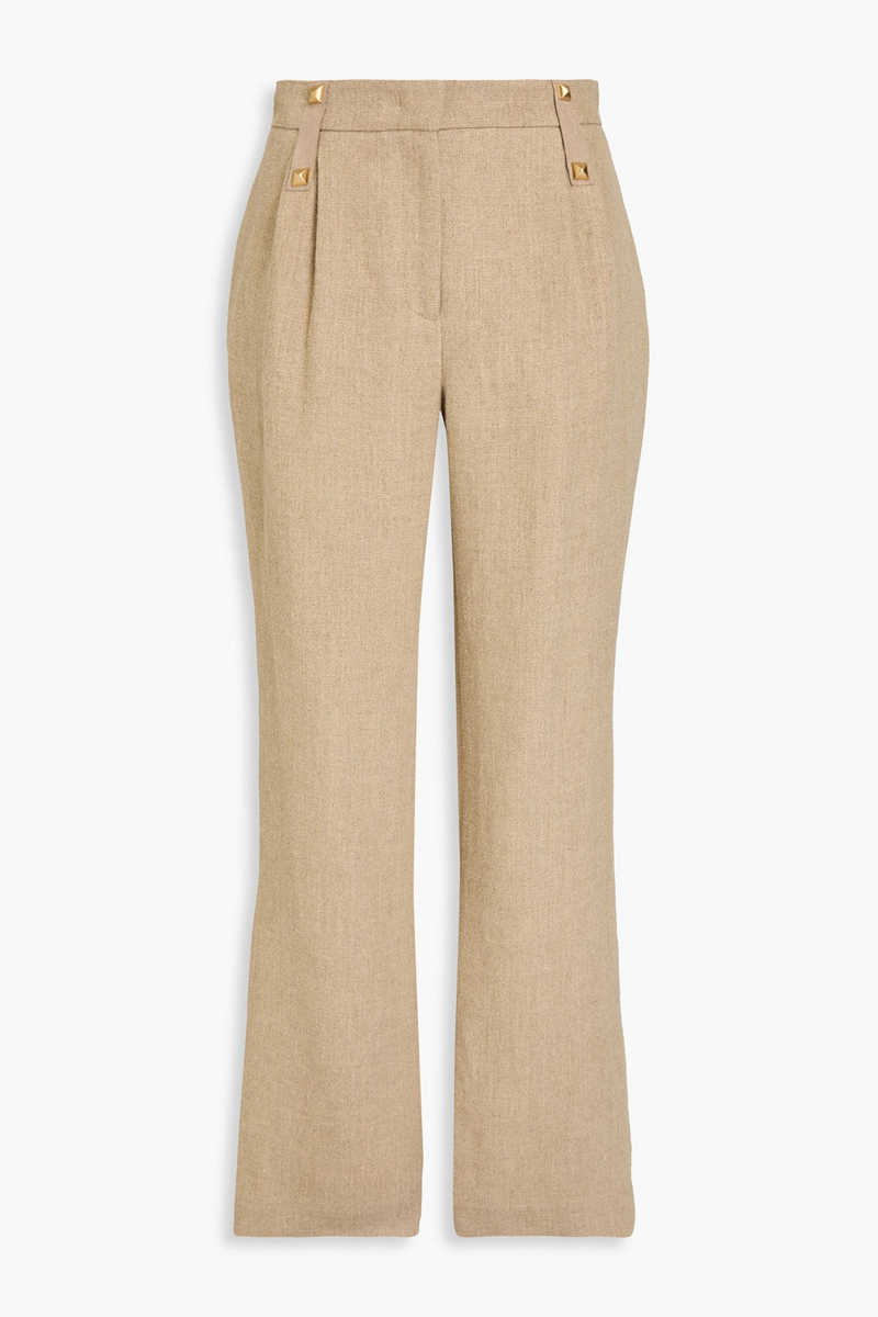alberta ferretti - studded pleated linen straight-leg pants - neutral - it 38