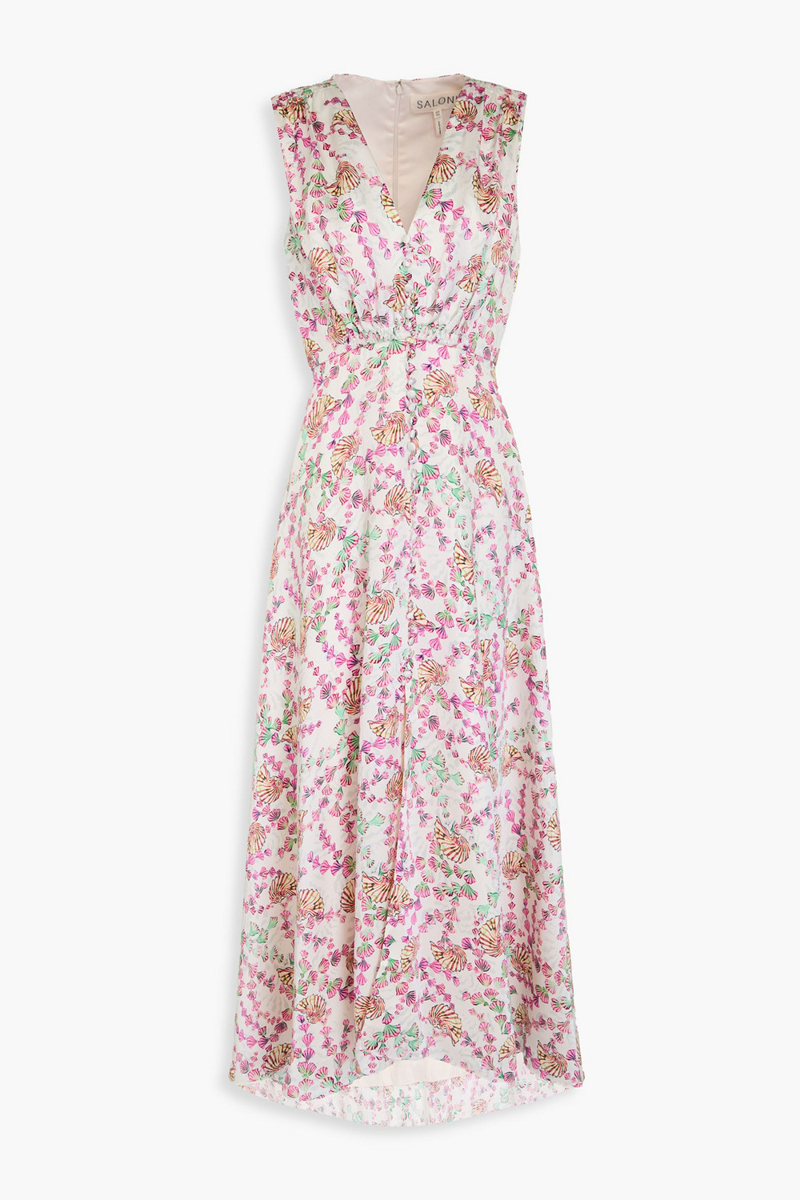 saloni - lea printed hammered silk-satin maxi dress - pink - uk 6