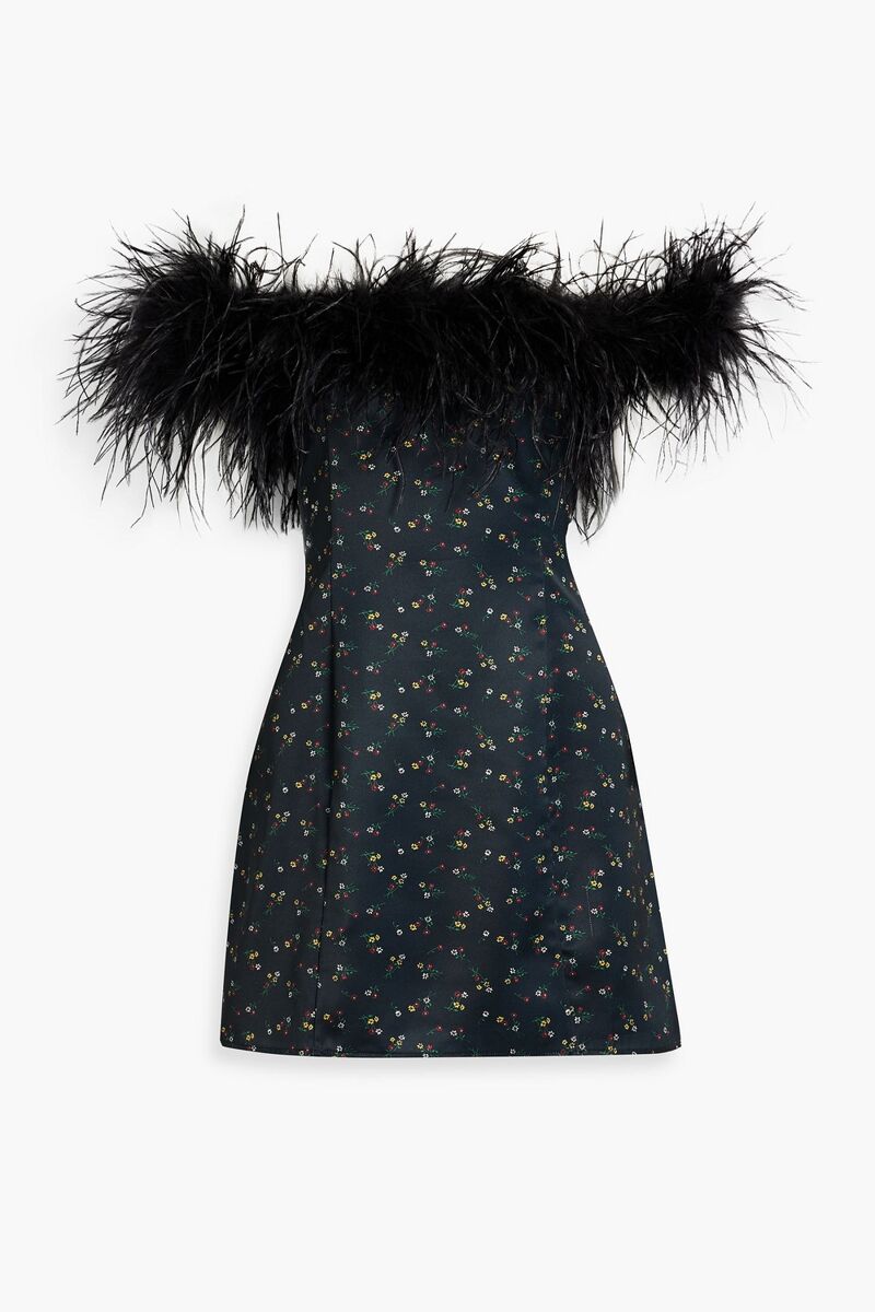 HVN - Sadie off-the-shoulder feather-trimmed floral-print satin mini dress - Blue - US 12