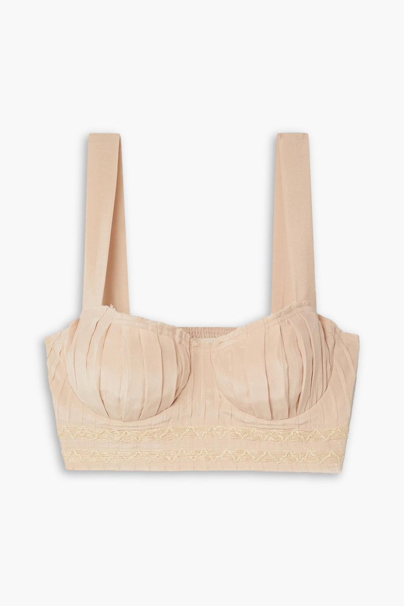 Emporio Sirenuse - Dalia cropped raffia-trimmed silk crepe de chine top - Neutral - IT 46