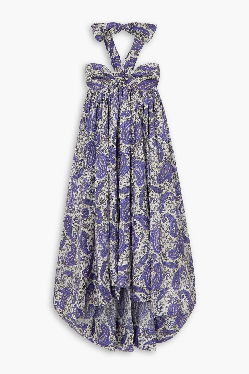 zimmermann - devi pleated printed silk halterneck midi dress - blue - 0