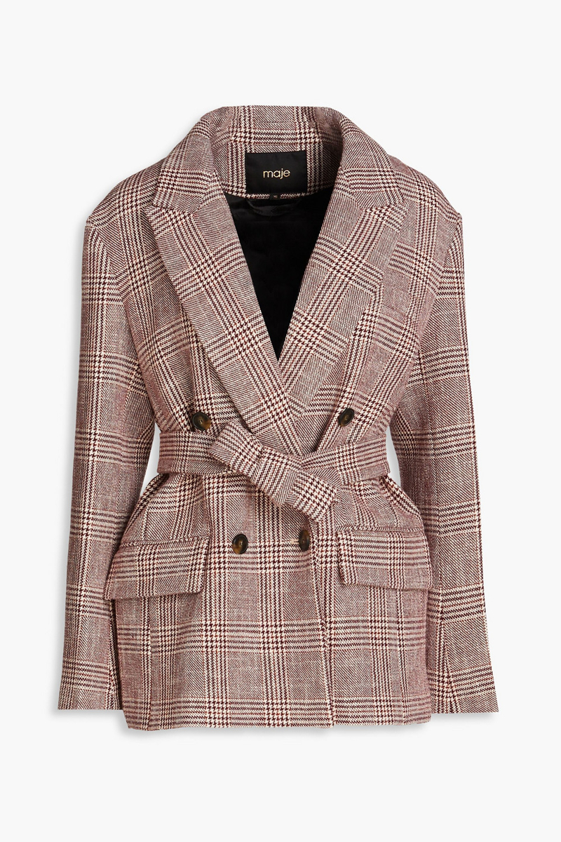 Maje - Double-breasted Prince of Wales checked cotton-blend tweed blazer - Burgundy - FR 40