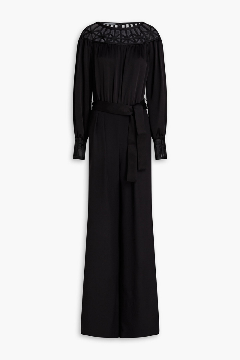 Alberta Ferretti - Organza-trimmed satin-crepe wide-leg jumpsuit - Black - IT 36
