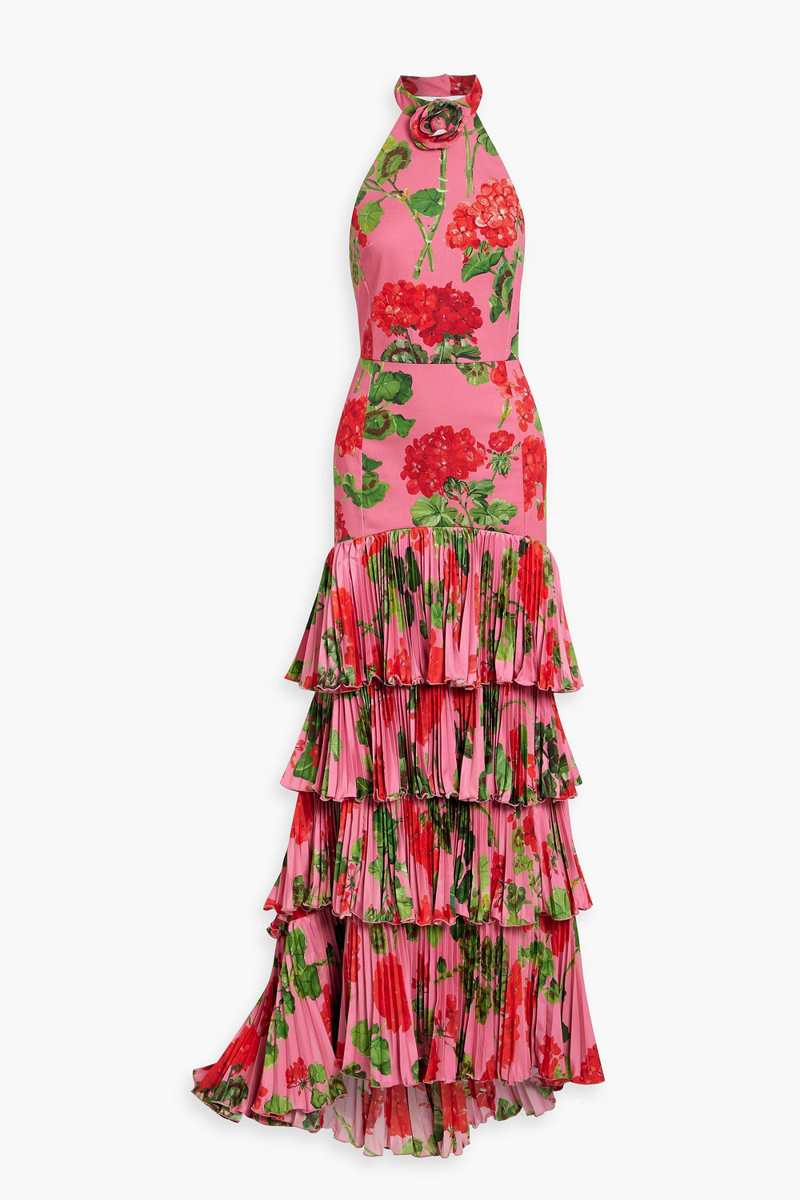 oscar de la renta - tiered floral-print cotton-blend sateen halterneck gown - pink - us 00
