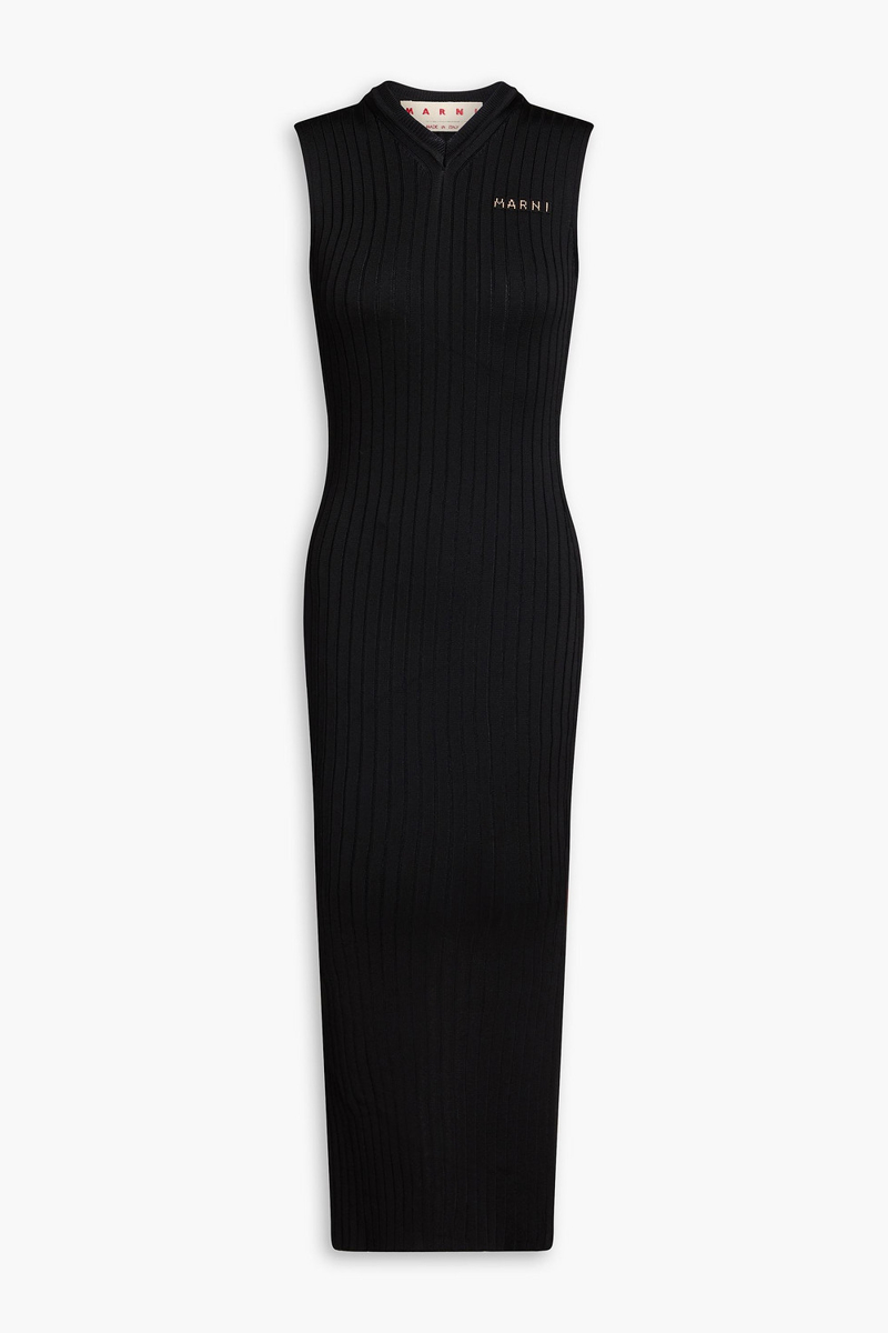 marni - embroidered ribbed-knit midi dress - black - it 38