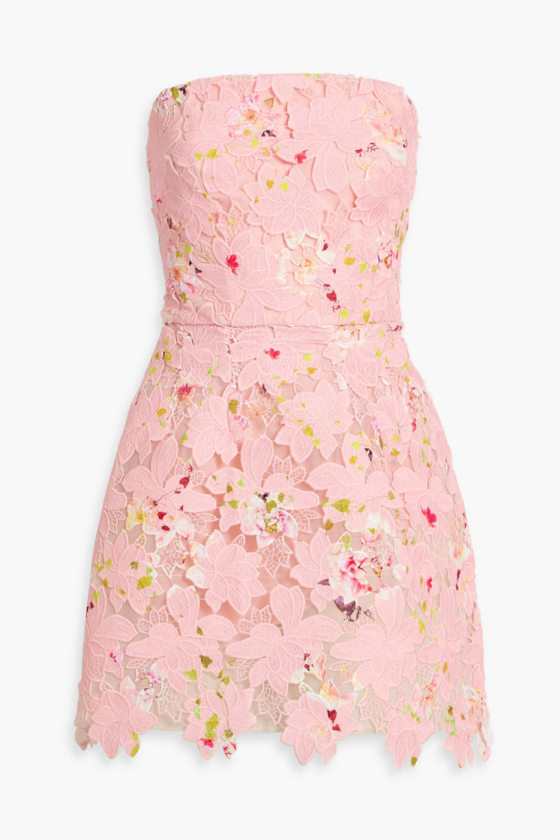 monique lhuillier - strapless printed guipure lace mini dress - pink - us 10