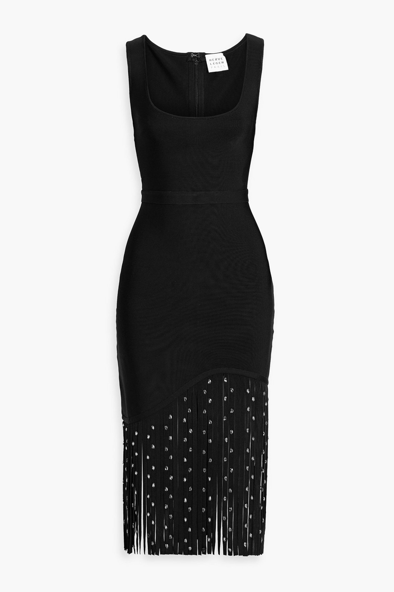 hervé léger - reagan crystal-embellished fringed bandage midi dress - black - xxs