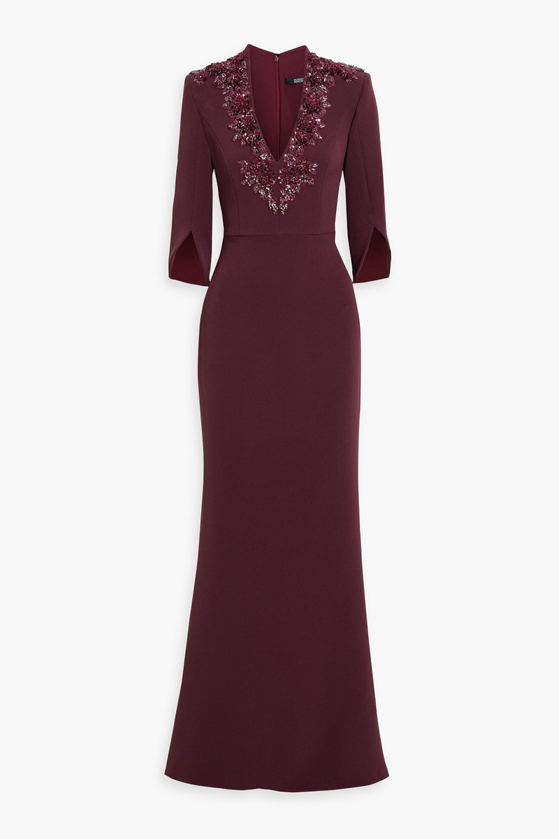 badgley mischka - floral-appliquéd crepe gown - burgundy - us 8