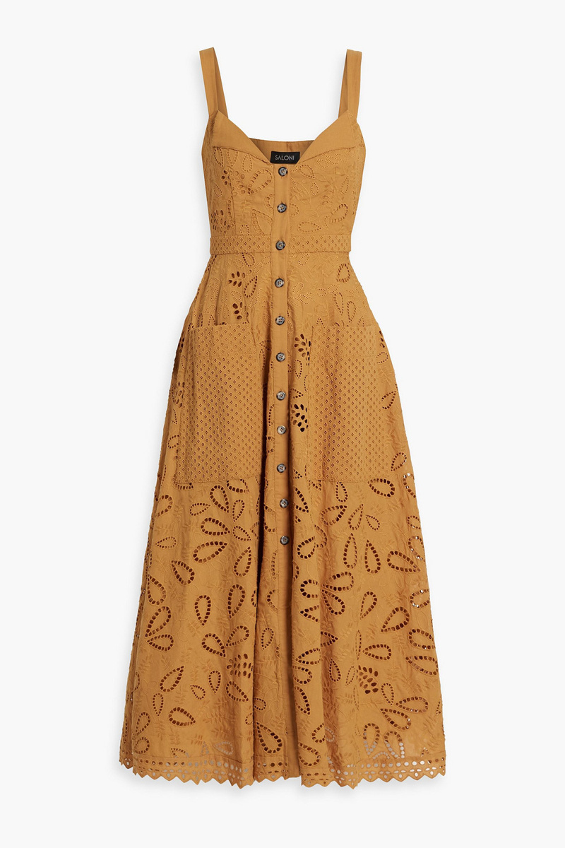 saloni - fara broderie anglaise cotton midi dress - yellow - uk 6