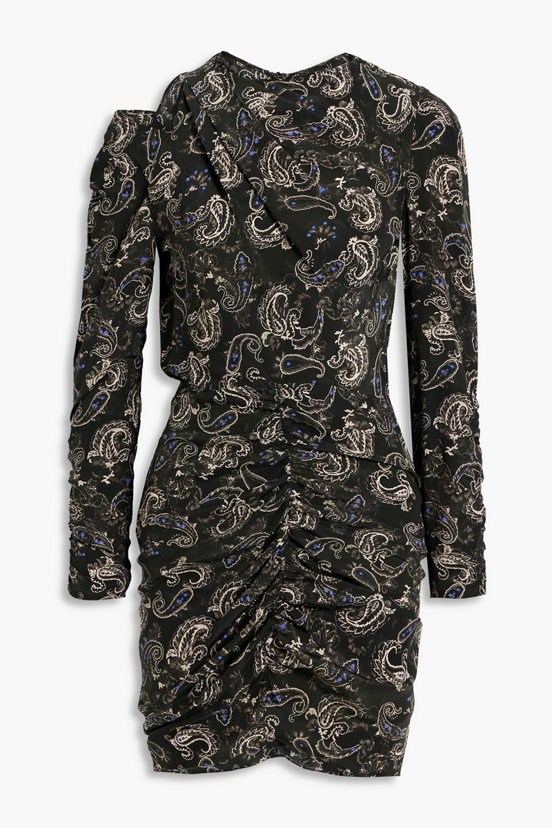 isabel marant - tosca ruched paisley-print silk crepe de chine mini dress - black - fr 34