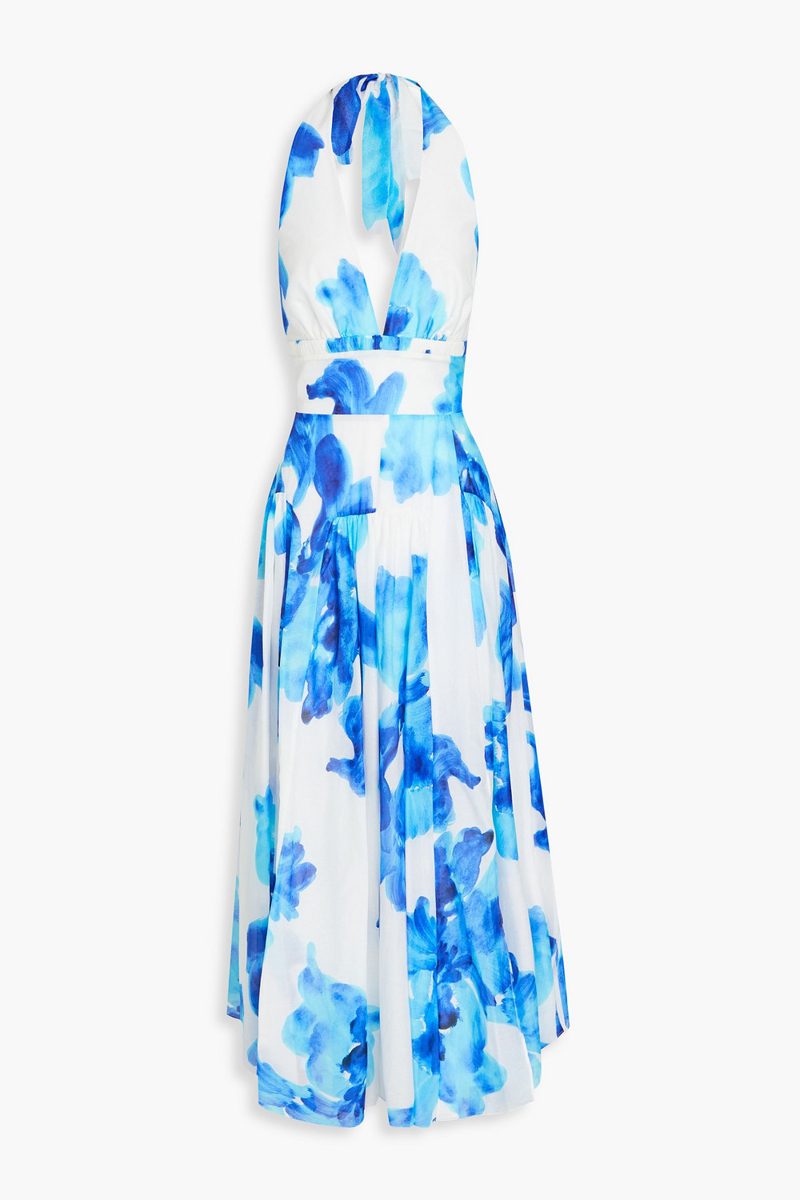 nicholas - floral-print cotton and silk-blend voile halterneck midi dress - blue - us 2