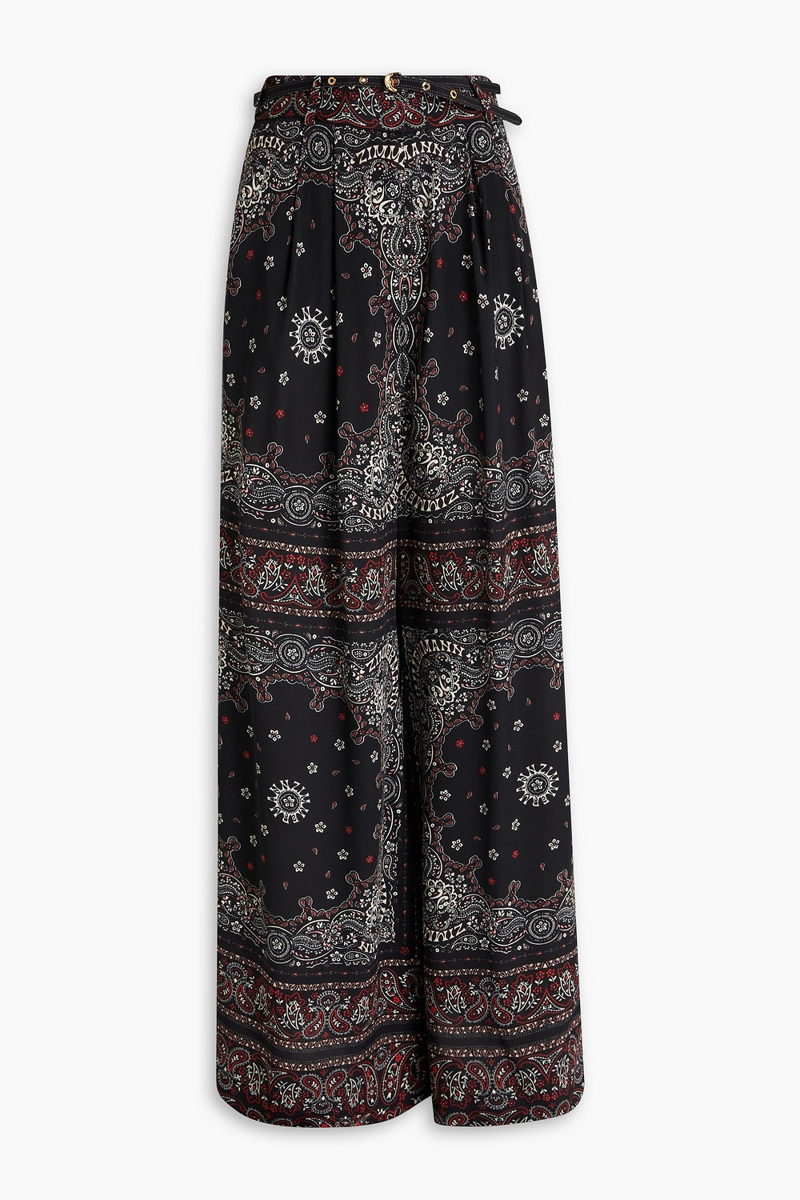 zimmermann - belted paisley-print crepe de chine wide-leg pants - black - 00
