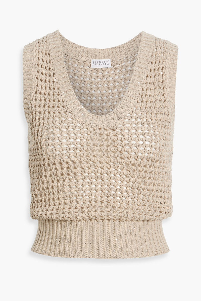 brunello cucinelli - sequin-embellished open-knit cotton-blend tank - neutral - xxl