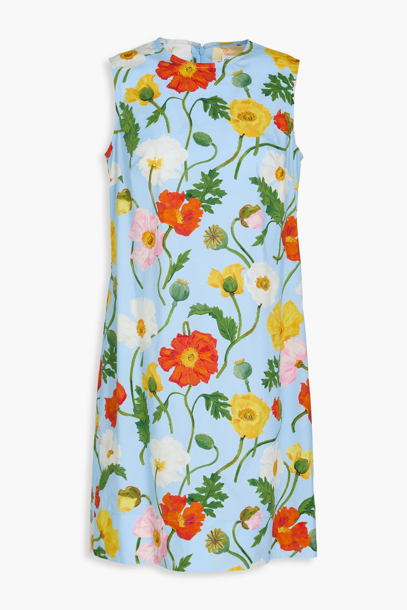 oscar de la renta - floral-print cotton-blend poplin mini dress - blue - us 0