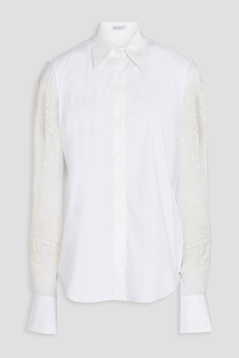 Brunello Cucinelli - Sequin-embellished cotton-poplin and organza shirt - White - XL