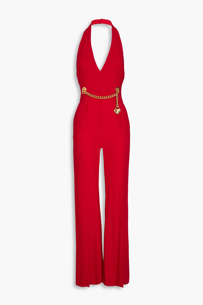 moschino - chain-embellished crepe halterneck jumpsuit - red - it 36