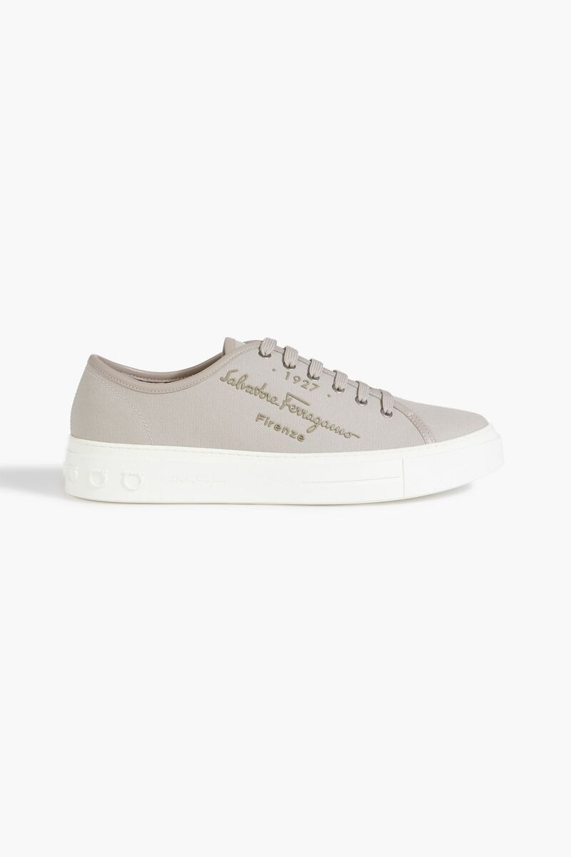 Ferragamo - Mediterre logo-appliquéd leather-trimmed canvas sneakers - Gray - US 11