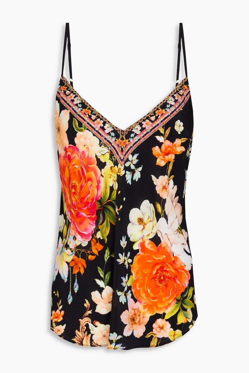 Camilla - Crystal-embellished floral-print silk crepe de chine camisole - Black - S