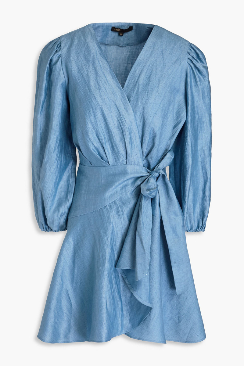 maje - draped linen-blend mini wrap dress - blue - fr 36