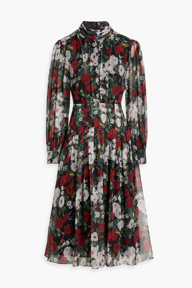 mikael aghal - pleated floral-print chiffon midi dress - black - us 2