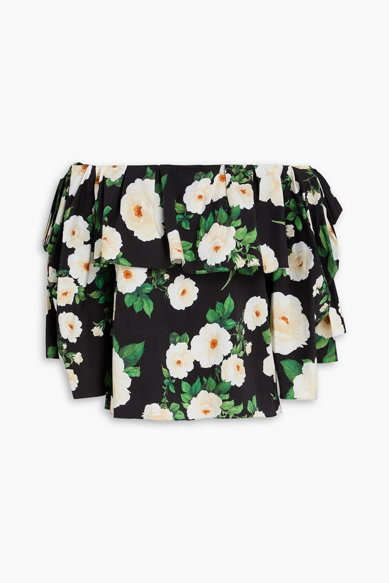 carolina herrera - off-the-shoulder floral-print cotton-blend poplin top - black - us 0