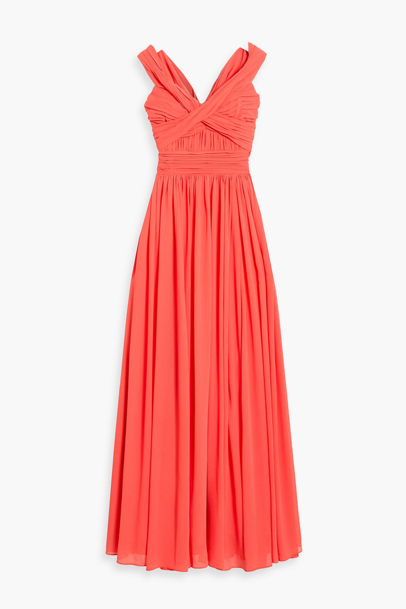 badgley mischka - off-the-shoulder pintucked georgette gown - orange - us 2