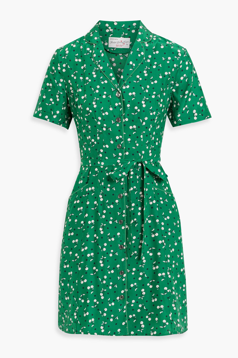 hvn - maria printed silk mini shirt dress - green - us 4