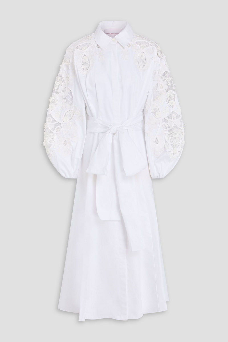 carolina herrera - lace-trimmed cotton-twill midi shirt dress - white - us 6