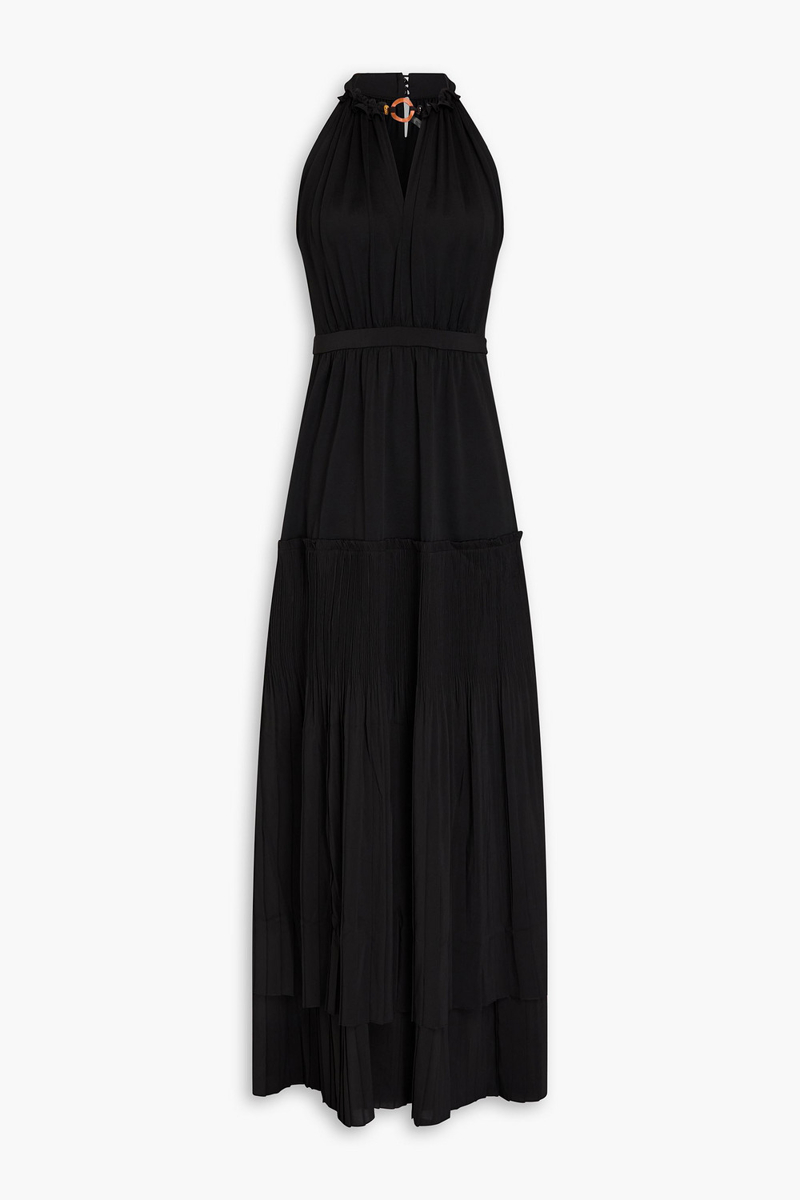 diane von furstenberg - hugo embellished plissé-crepe and stretch-jersey maxi dress - black - xxs