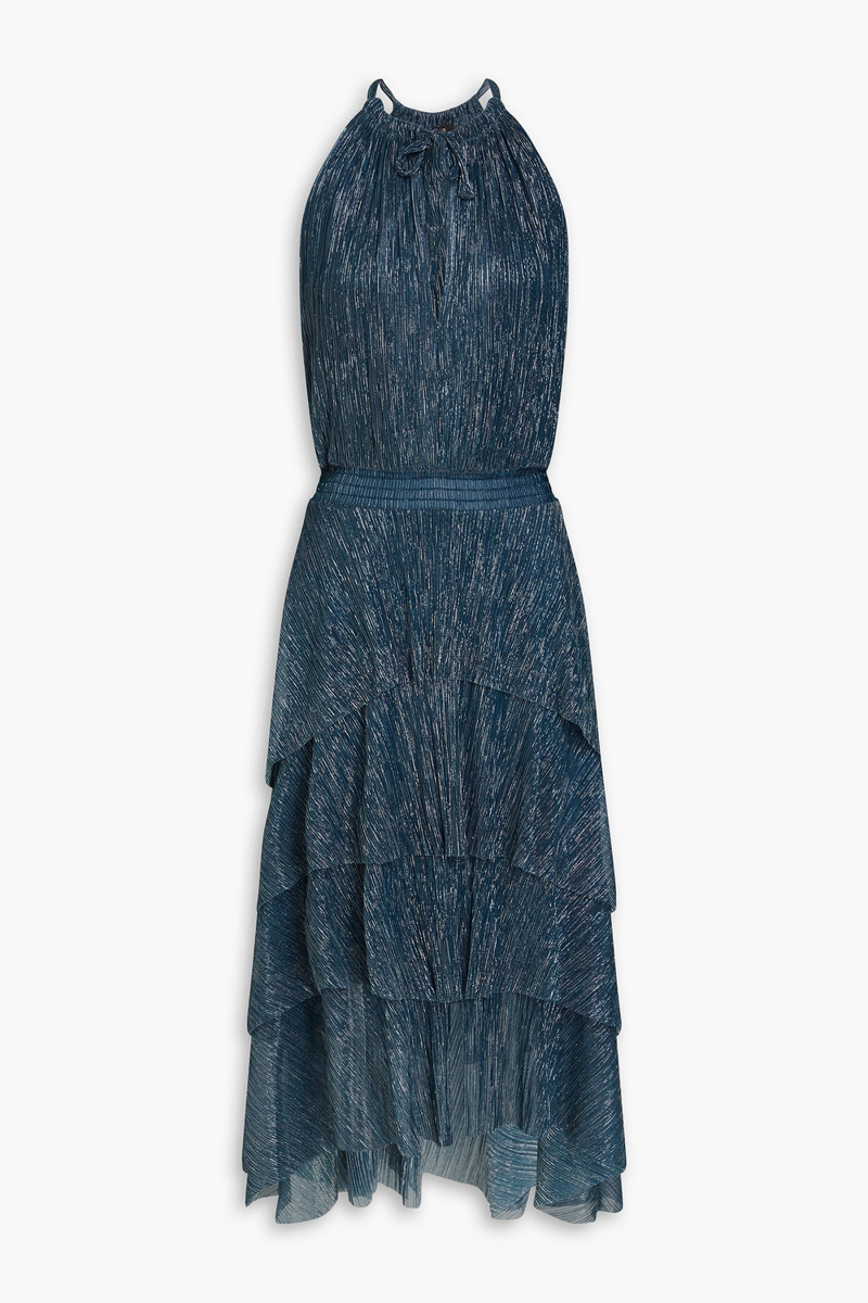 maje - tiered metallic plissé-jersey midi dress - blue - fr 40