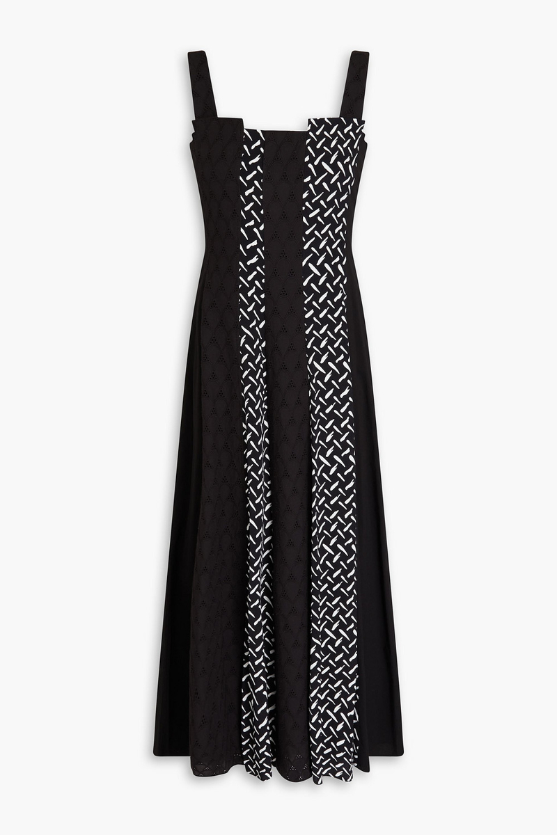 diane von furstenberg - otto broderie anglaise-paneled printed cotton-mousseline midi dress - black - us 0