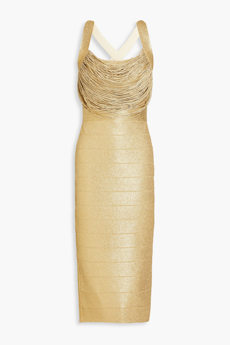 hervé léger - fringed metallic bandage midi dress - metallic - xs