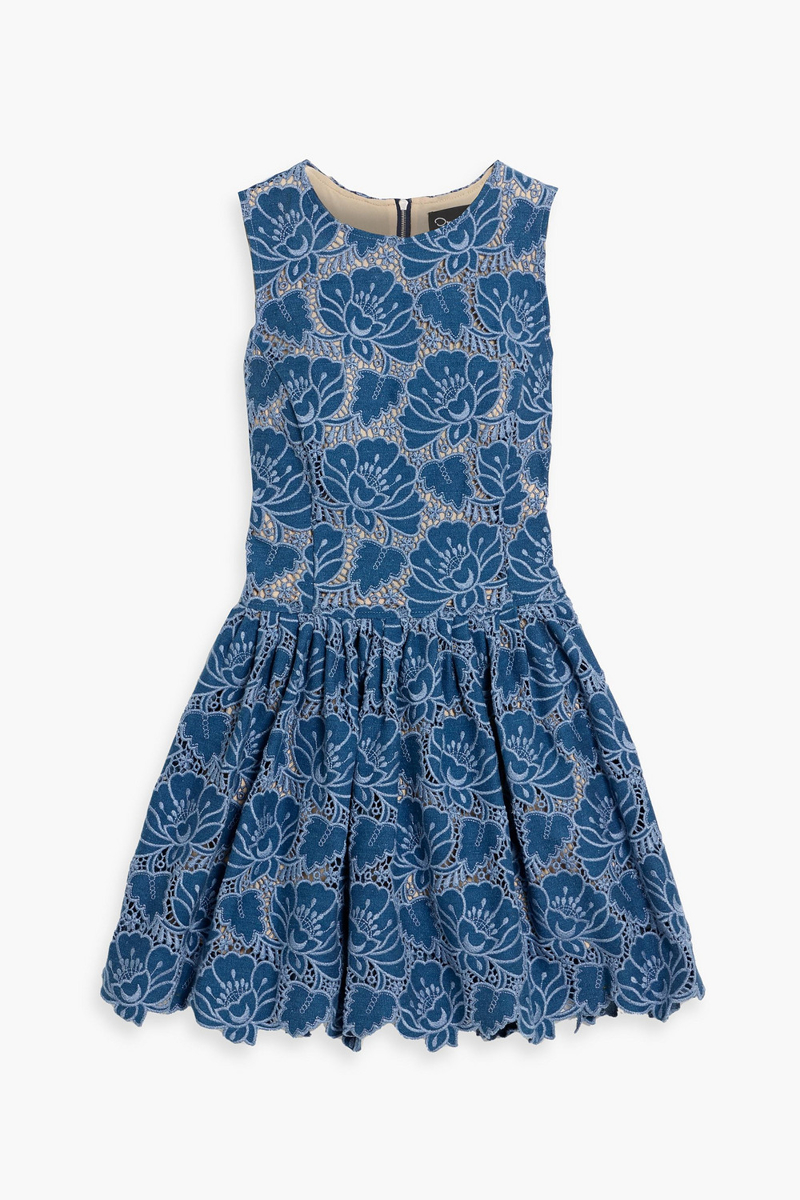 oscar de la renta - pleated guipure lace denim mini dress - blue - us 6