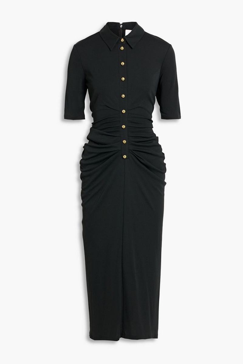 carolina herrera - ruched stretch-jersey midi shirt dress - black - l