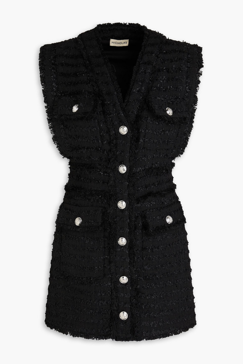 nicholas - frayed bouclé-tweed mini dress - black - us 4